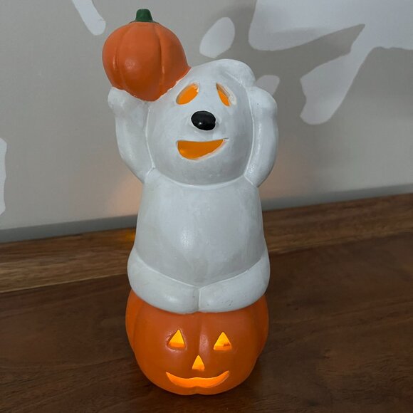 Vintage Ceramic Halloween Ghost & Pumpkin Tea Light Candle Holder Jack-O-Lantern - Picture 4 of 16